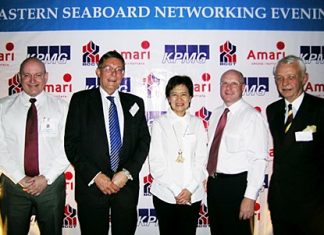 David Cumming (2nd right), GM of the Amari Orchid Pattaya, hosted a most successful BCCT networking evening at the Tavern by the Sea recently. The co-sponsors of this popular BCCT event were represented by Graham Macdonald (left), chairman of the British Chamber of Commerce Thailand; John Sim, chief operating officer of KPMG in Thailand; Richard Rome, Eastern Seaboard office branch manager; and Kaisri Neungsigkapian, chief executive officer of KPMG in Thailand.